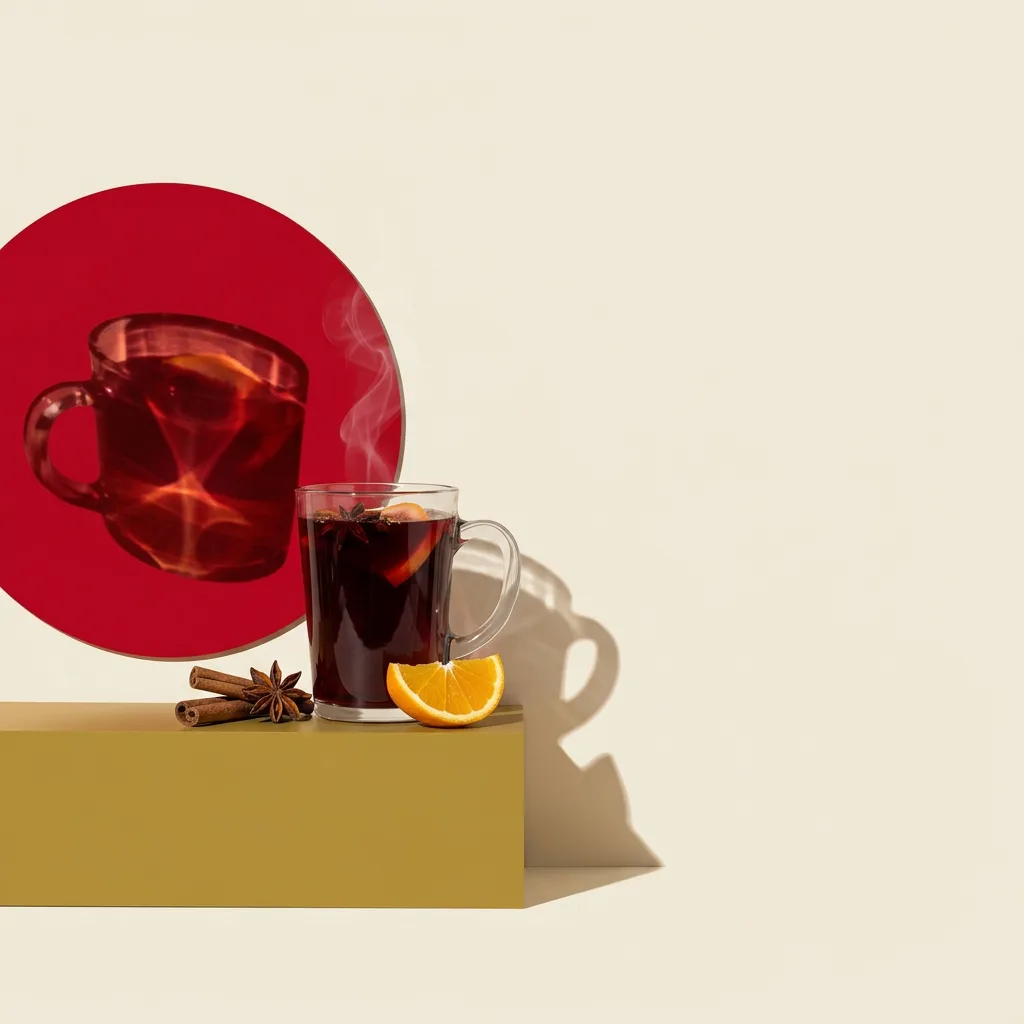 Illustration: Glühwein im Glasbecher mit Orangenscheibe und Zimt vor rotem Kreis