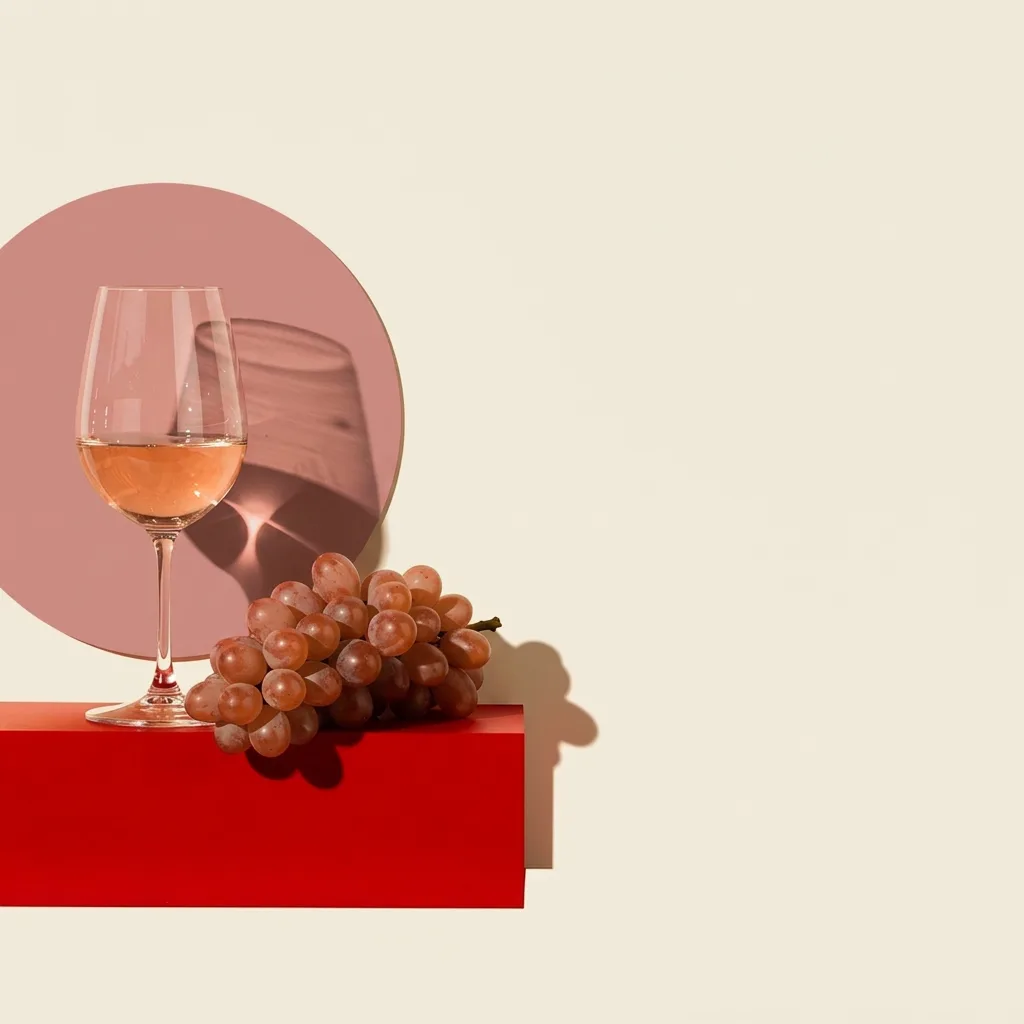 Illustration: Glas Rosé mit Trauben vor farbigem Kreis, Bauhaus-Stil