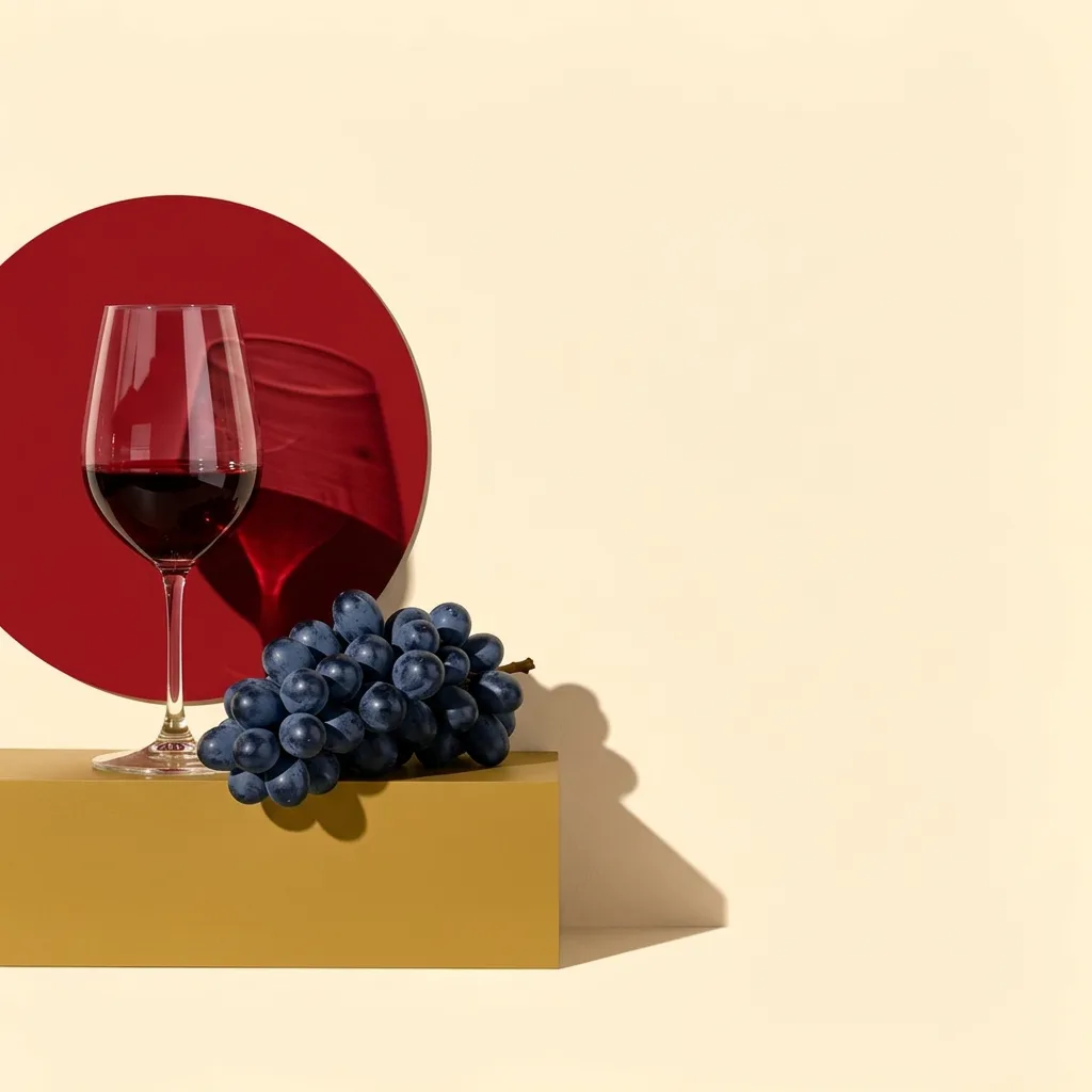Illustration: Glas Rotwein mit Trauben vor farbigem Kreis, Bauhaus-Stil
