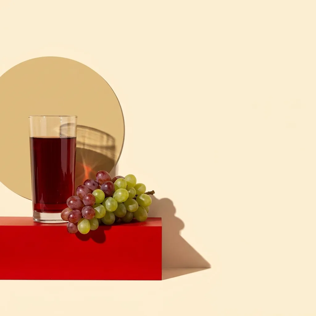 Illustration: Glas Traubensaft mit roten und grünen Trauben vor goldenem Kreis