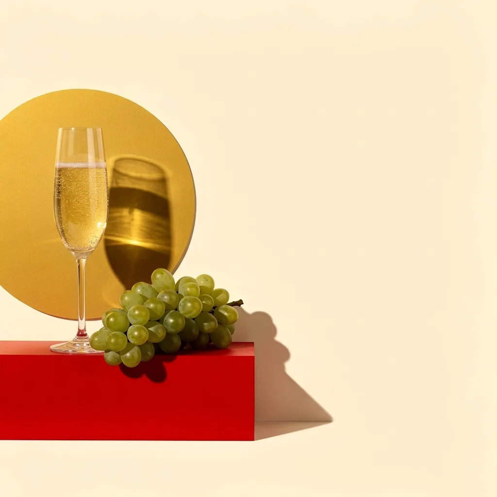 Illustration: Glas Sekt mit Trauben vor farbigem Kreis, Bauhaus-Stil
