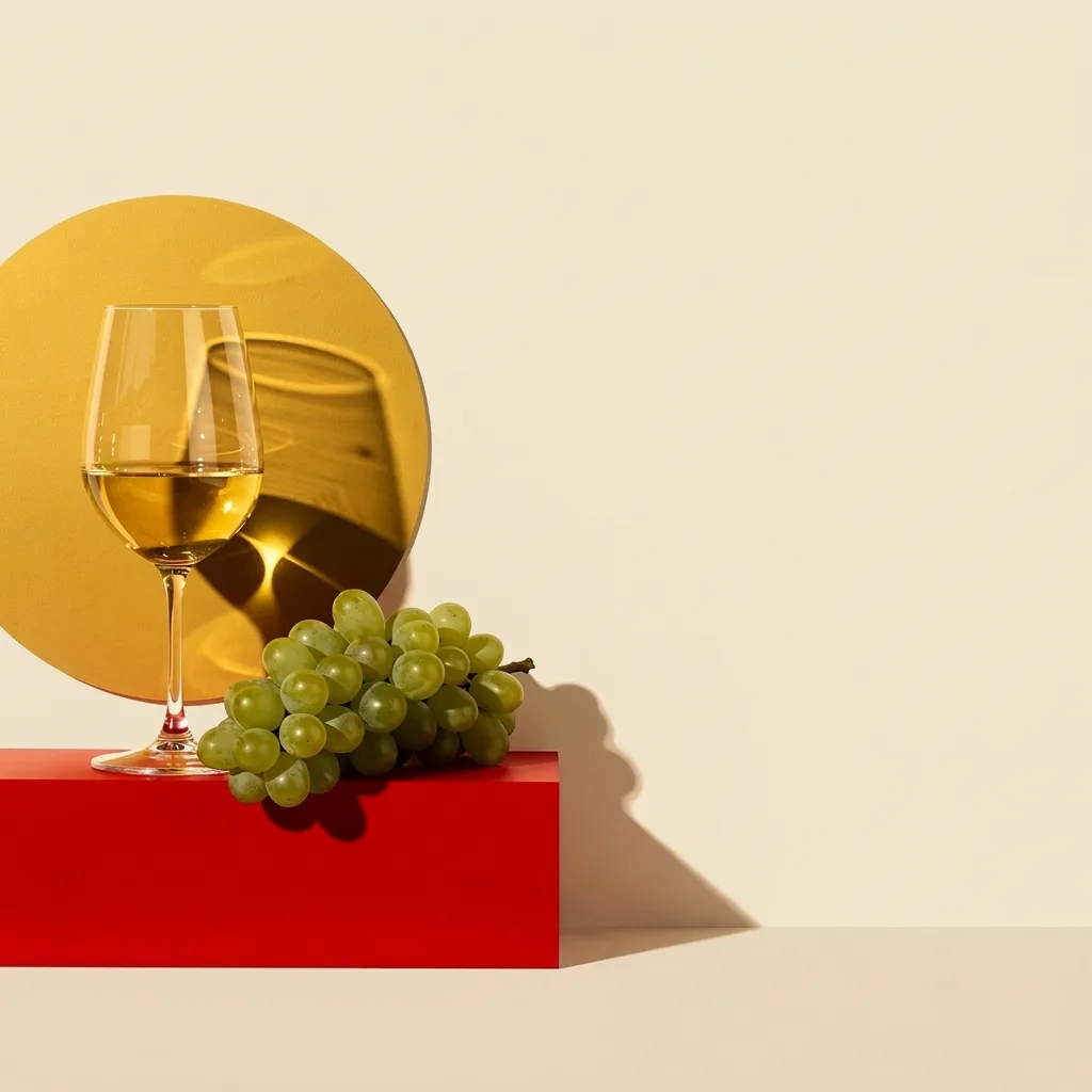 Illustration: Glas Weißwein mit Trauben vor farbigem Kreis, Bauhaus-Stil