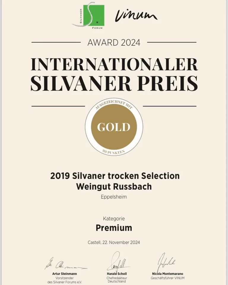 Urkunde Internationaler Silvaner Preis 2024, Gold