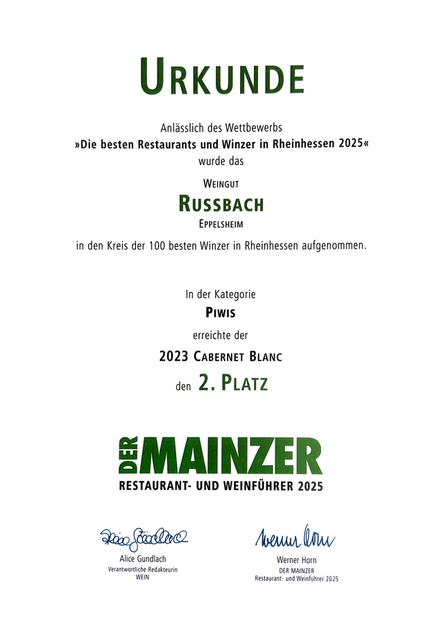 Urkunde DER MAINZER Restaurant- und Weinführer 2025: 2. Platz Piwis für den Cabernet Blanc 2023 des Weinguts Russbach