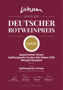 Urkunde Deutscher Rotweinpreis 2026: Spätburgunder „Eppelsheimer Felsen“ 2019 – Gold (91 Punkte)