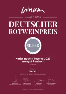 Urkunde Deutscher Rotweinpreis 2026: Merlot Réserve 2020 – Silber (87 Punkte)