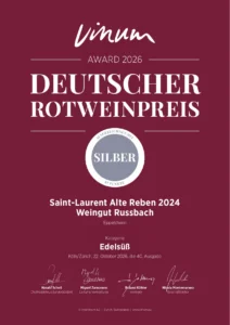 Urkunde Deutscher Rotweinpreis 2026: Saint Laurent 2024 – Silber (87 Punkte)
