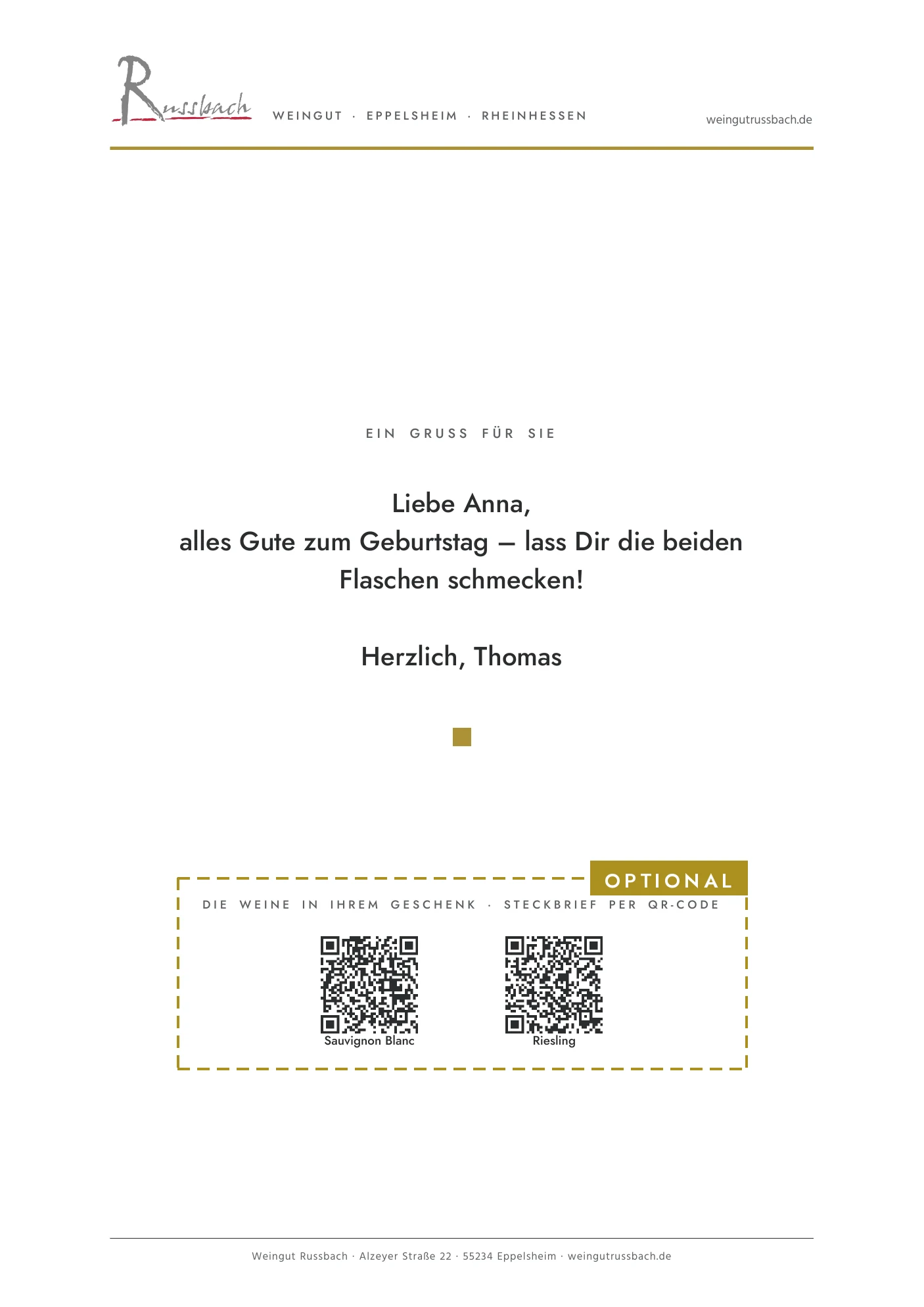 Beispiel einer Grußkarte auf dem Briefbogen des Weinguts Russbach, QR-Codes zu den Steckbriefen als Option markiert